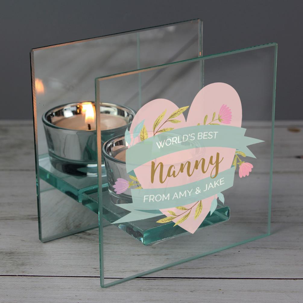 Personalised Floral Heart Mirrored Glass Tea Light Holder Extra Image 1